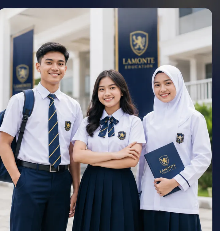 Murid sekolah mengenakan seragam rapi hasil produksi Lamonte Education