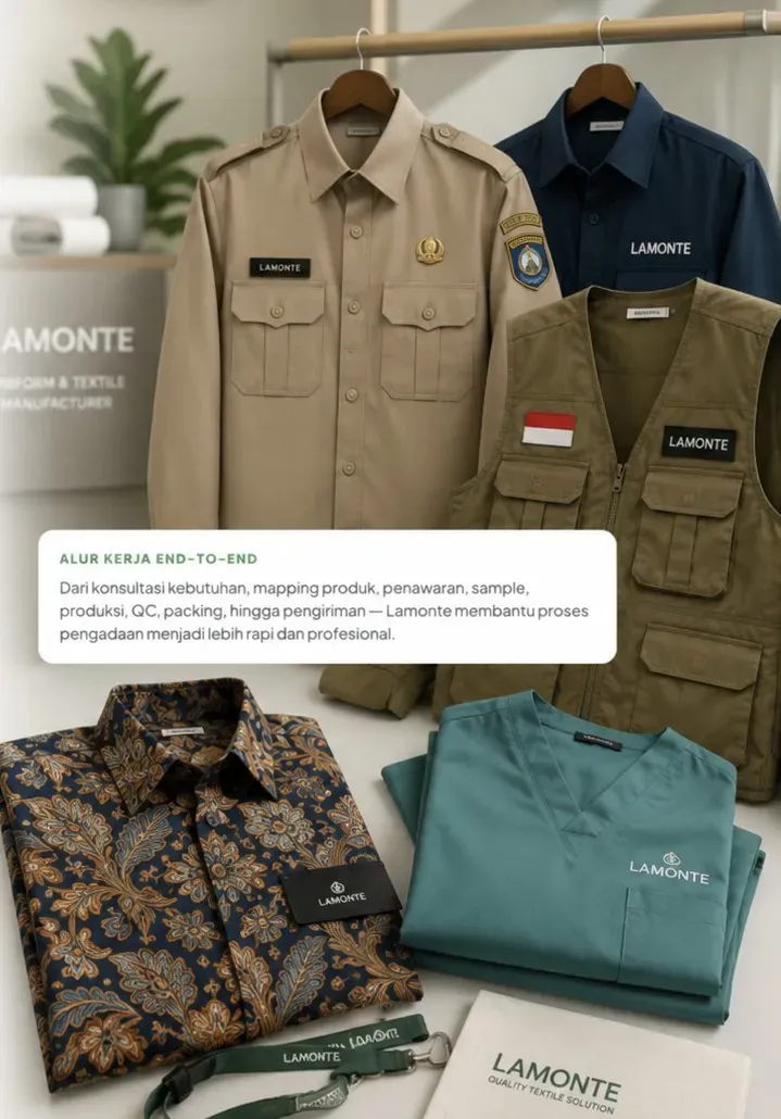 Koleksi seragam dinas ASN, batik instansi, rompi lapangan, dan scrub medis produksi Lamonte
