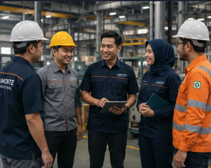 Tim operator, teknisi, dan staff lapangan mengenakan seragam kerja Lamonte Industrial di area pabrik